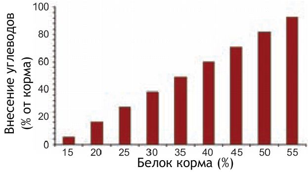 Рисунок 2. Внесение углеводов в процентных долях от корма для осуществления полного гетеротрофного метаболизма и ассимиляции аммония в бактериальную биомассу.
